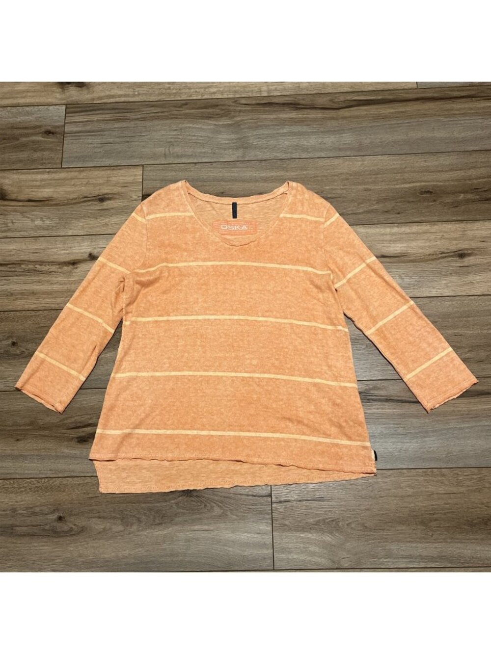 Oska Orange Stripe Top SZ 2 (8-10) 3/4 Sleeve Lagenlook Hemp Asymmetrical Hem